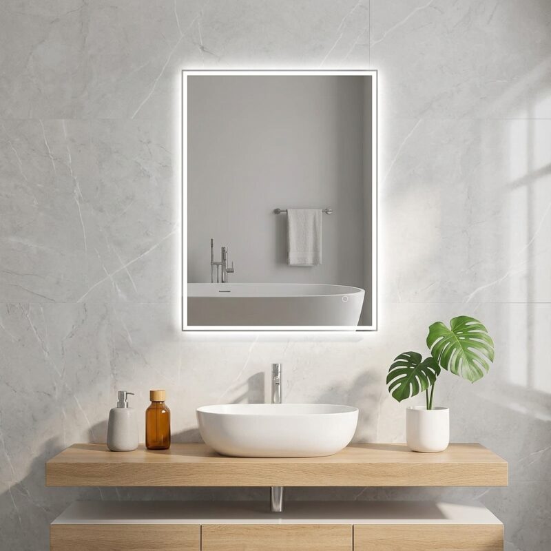 KELI 600×800 mm rectangular LED mirror with retractable front light (Scandinavian design)