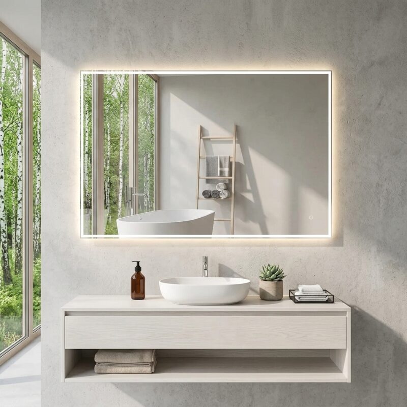KELI 1200×800 mm rectangular LED mirror with retractable front light (Scandinavian design)