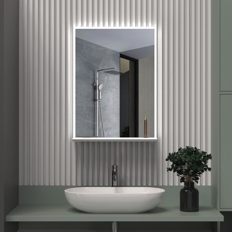 LULA SMART 600×800 mm rectangular LED mirror with front light, integrated shelf and wireless charger