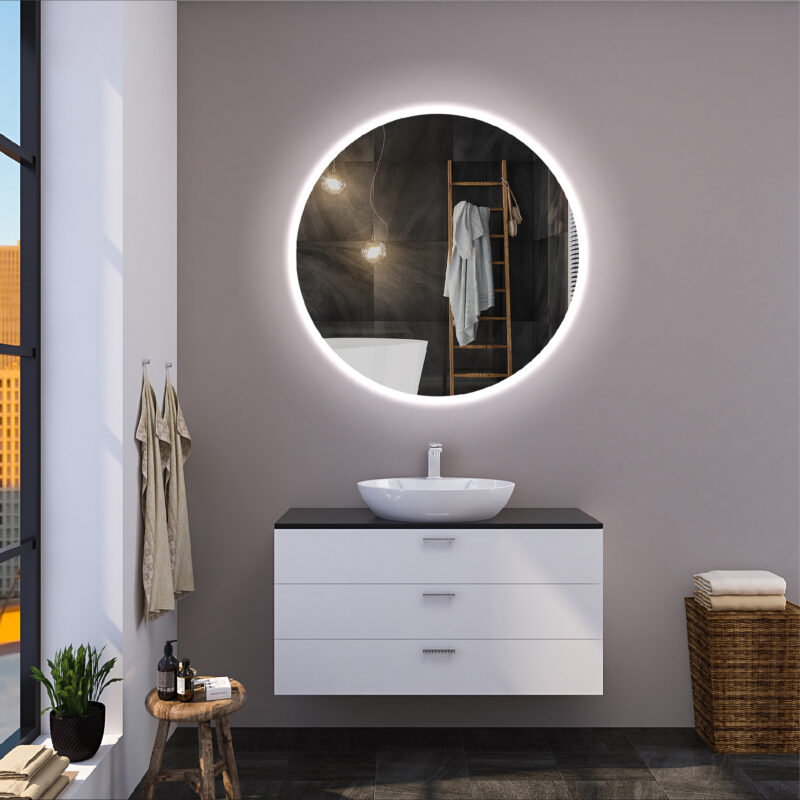 RENE 800 mm apvalus LED veidrodis su priekiniu apšvietimu (NAUJIENA: sensorinis jungiklis)